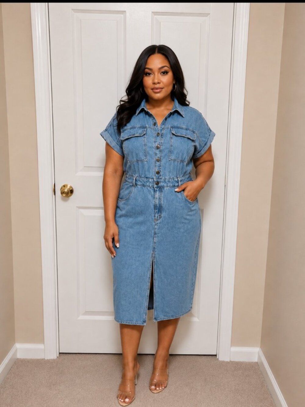 Given Kale Denim Shirt Dress Blue button Front Midi Dress Size Large 100% Cotton